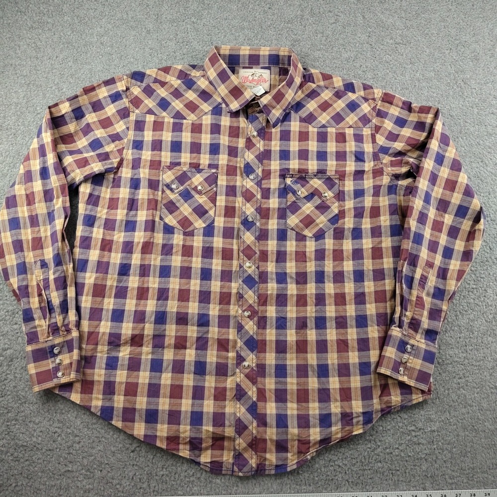 Wrangler Pearl Snap Shirt Mens 2XL XXL Plaid Sawtooth Western 100% Cotton EUC